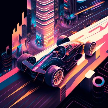 Neon racing car of the future rushes along the roads of the night city. Backlight, neon, isometry. High quality illustration