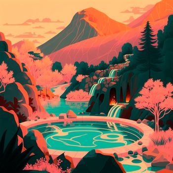 illustration of hot springs in mountain. High quality illustration