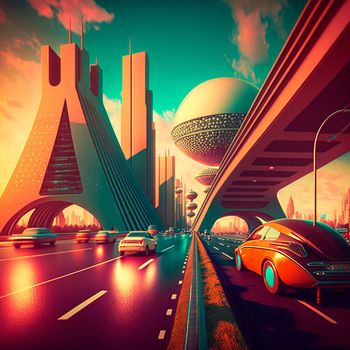 Futuristic city in retro style. Cars are driving on the highway. High quality illustration