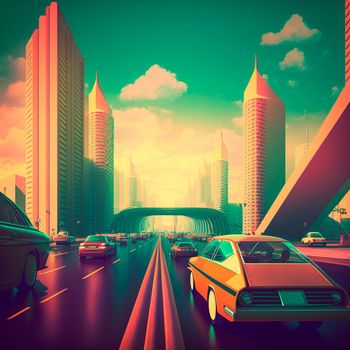 Futuristic city in retro style. Cars are driving on the highway. High quality illustration