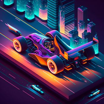 Neon racing car of the future rushes along the roads of the night city. Backlight, neon, isometry. High quality illustration