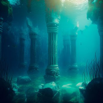 Underwater lost city. Atlantis and its ruins. High quality illustration