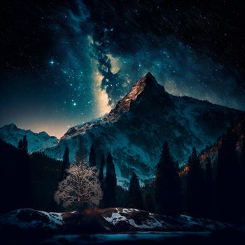 Mountains under the starry sky. High quality illustration