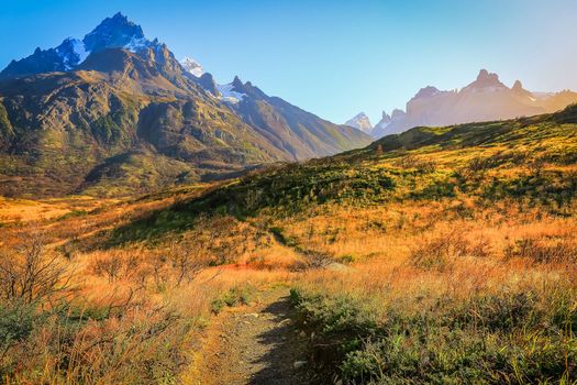 Horns of Paine and dramatic landscape at sunset, Torres Del Paine, Patagonia, Chile