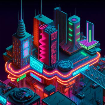 Life in the neon city at night. Bright lights, cars, cafes. Backlight, neon, isometry. High quality illustration