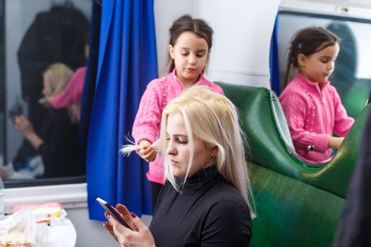 daughter and mother in the train.