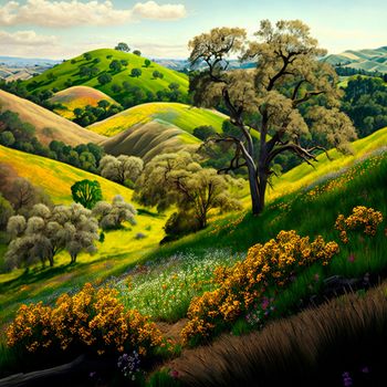 landscape of trees, fields and mountains. High quality illustration