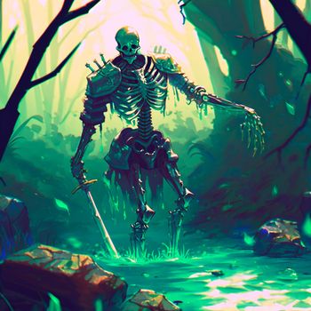 Skeleton warrior rises from the swamp. High quality illustration