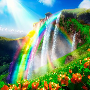 summer landscape with rainbow and waterfall. High quality illustration