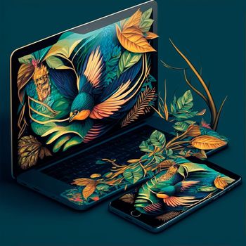 nature breaks out of the phone, tablet, laptop. Design, graphics. Image on tablet and phone side by side, graphics, graphic design. High quality illustration