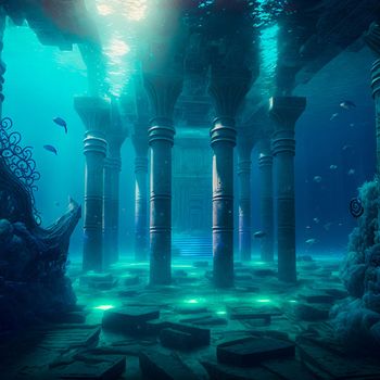 Underwater lost city. Atlantis and its ruins. High quality illustration