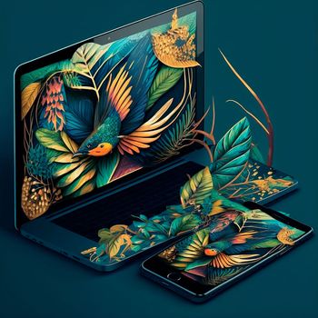nature breaks out of the phone, tablet, laptop. Design, graphics. Image on tablet and phone side by side, graphics, graphic design. High quality illustration