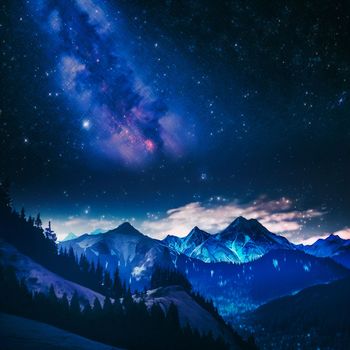 Mountains under the starry sky. High quality illustration