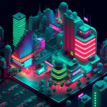 Life in the neon city at night. Bright lights, cars, cafes. Backlight, neon, isometry. High quality illustration