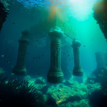 Underwater lost city. Atlantis and its ruins. High quality illustration