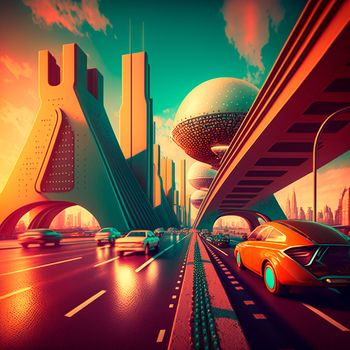 Futuristic city in retro style. Cars are driving on the highway. High quality illustration