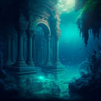 Underwater lost city. Atlantis and its ruins. High quality illustration