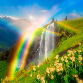 summer landscape with rainbow and waterfall. High quality illustration