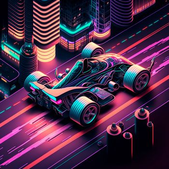 Neon racing car of the future rushes along the roads of the night city. Backlight, neon, isometry. High quality illustration