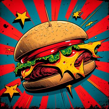 burger image, drawing, retro art. High quality illustration
