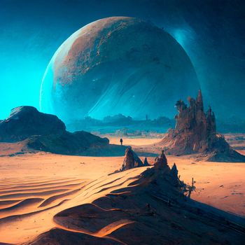 Planet on the horizon behind the sand dunes. High quality illustration