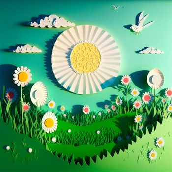 multi-layered crafts made of paper. Sun, flowers and a green garden. High quality illustration