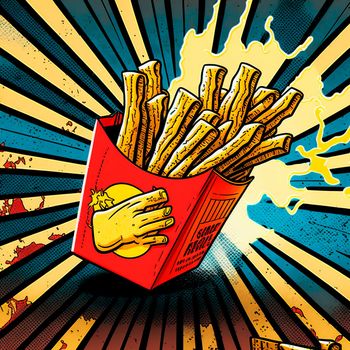 french fries in red packaging, retro art. High quality illustration