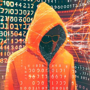 Hacker in an orange hood. Genius of the computer world. Numbers and Matrix. High quality illustration