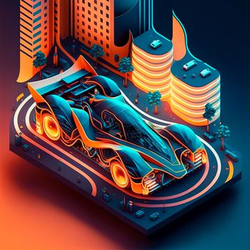 Neon racing car of the future rushes along the roads of the night city. Backlight, neon, isometry. High quality illustration