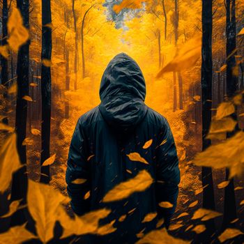 A man in a black hoodie on the background of an autumn forest. High quality illustration