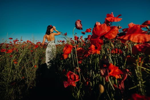 Portrait of a girl in a dress on a poppy field at sunset.