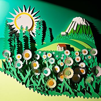multi-layered crafts made of paper. Sun, flowers and a green garden. High quality illustration