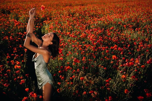 Portrait of a girl in a dress on a poppy field at sunset.