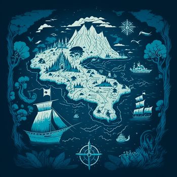 beautiful blue treasure and island map, travel map. High quality illustration