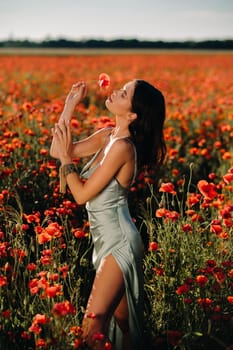 Portrait of a girl in a dress on a poppy field at sunset.