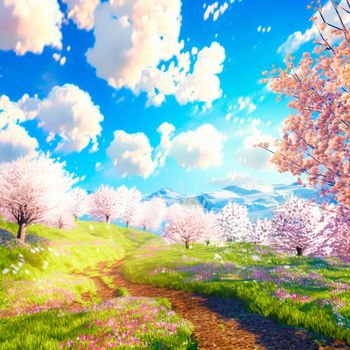 illustration of a fantasy spring world with bright sun and cherry blossoms. High quality illustration