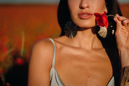 Portrait of a girl in a dress on a poppy field at sunset.