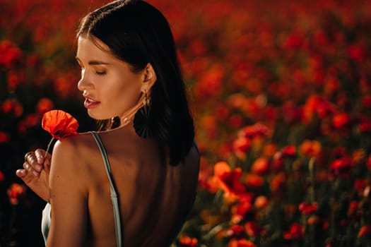 Portrait of a girl in a dress on a poppy field at sunset.