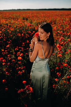 Portrait of a girl in a dress on a poppy field at sunset.