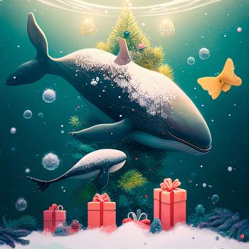 Christmas whales with gifts. High quality illustration