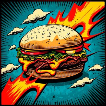 burger image, drawing, retro art. High quality illustration