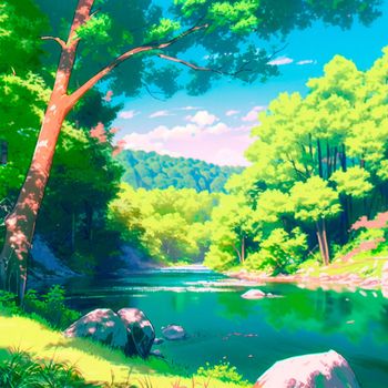 Sunny day on the river in Anime style. High quality illustration