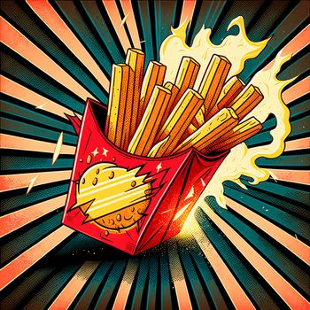 french fries in red packaging, retro art. High quality illustration