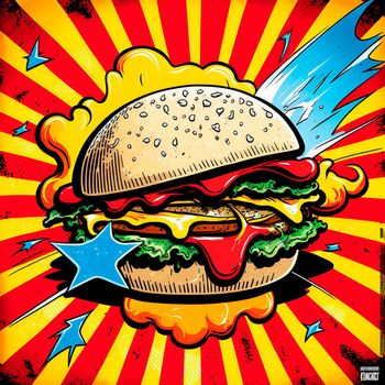 burger image, drawing, retro art. High quality illustration
