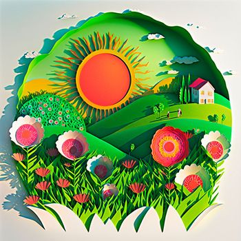 multi-layered crafts made of paper. Sun, flowers and a green garden. High quality illustration