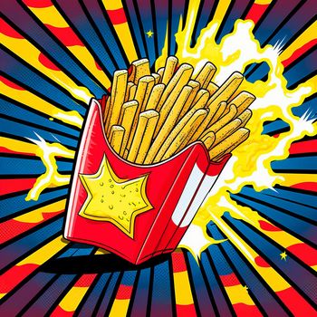 french fries in red packaging, retro art. High quality illustration
