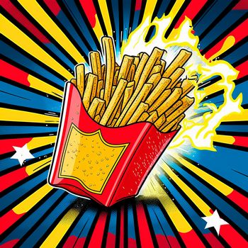 french fries in red packaging, retro art. High quality illustration