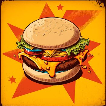 burger image, drawing, retro art. High quality illustration