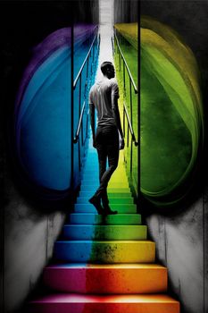 Guy Climbing the stairs, psychedelic colors, searching for himself. High quality illustration