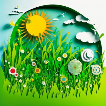 multi-layered crafts made of paper. Sun, flowers and a green garden. High quality illustration